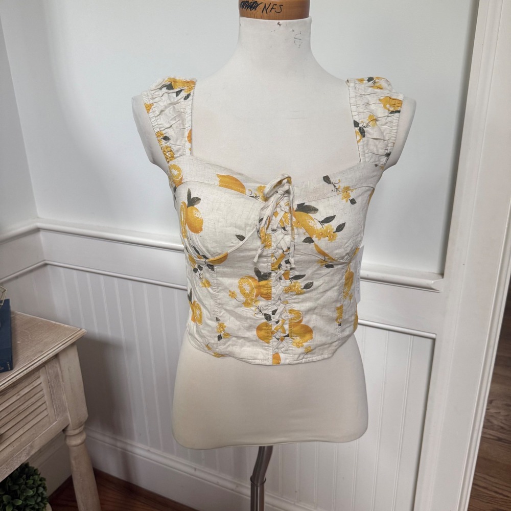 NWT Kirious Los Angeles Lemon Print Corset Top Lace Up Linen Smocked Back Medium